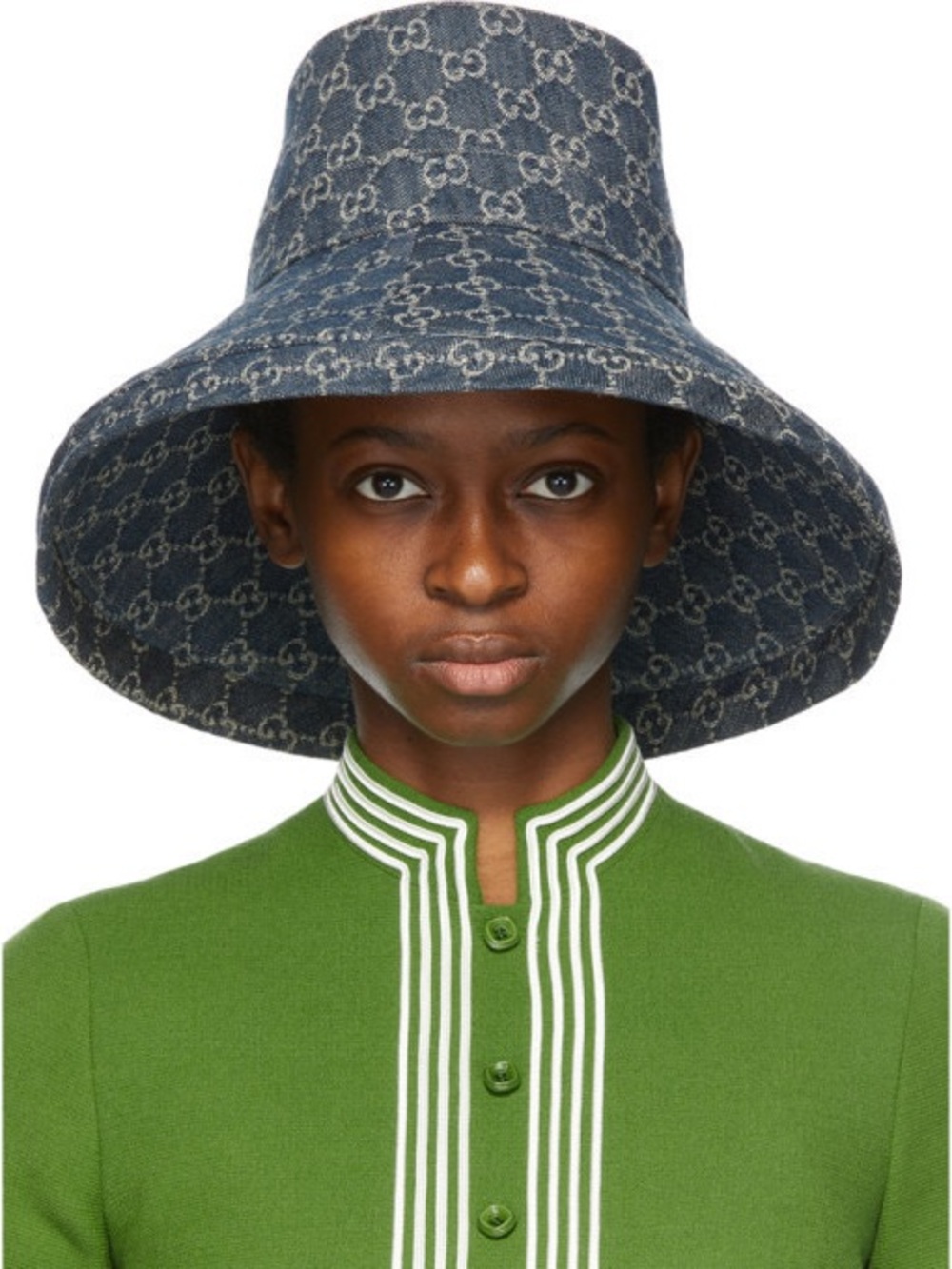 Denim Monogram Bucket Hat Large Wide Brim Jacquard Canvas Navy Blue Sun Beach - Picture 3 of 16